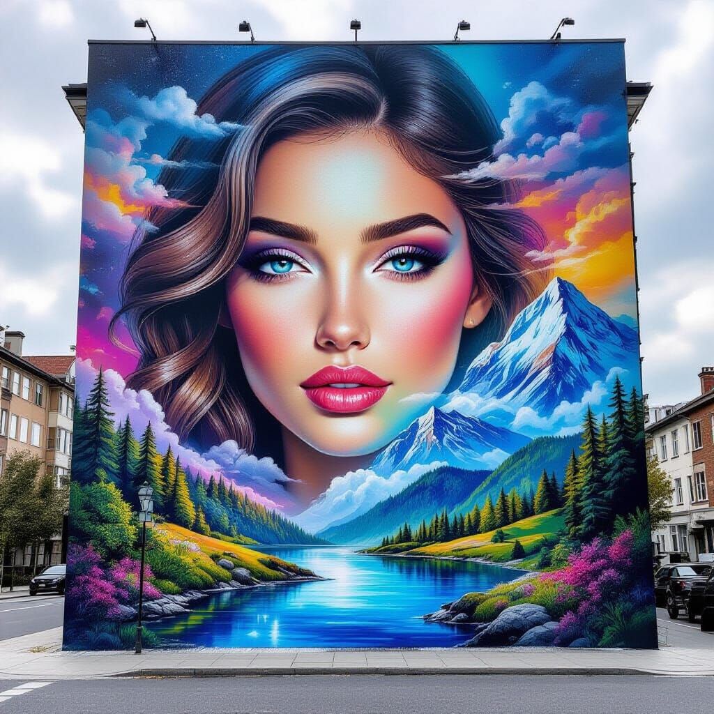 Hyperrealistic Airbrushed Landscape Mural on Woman