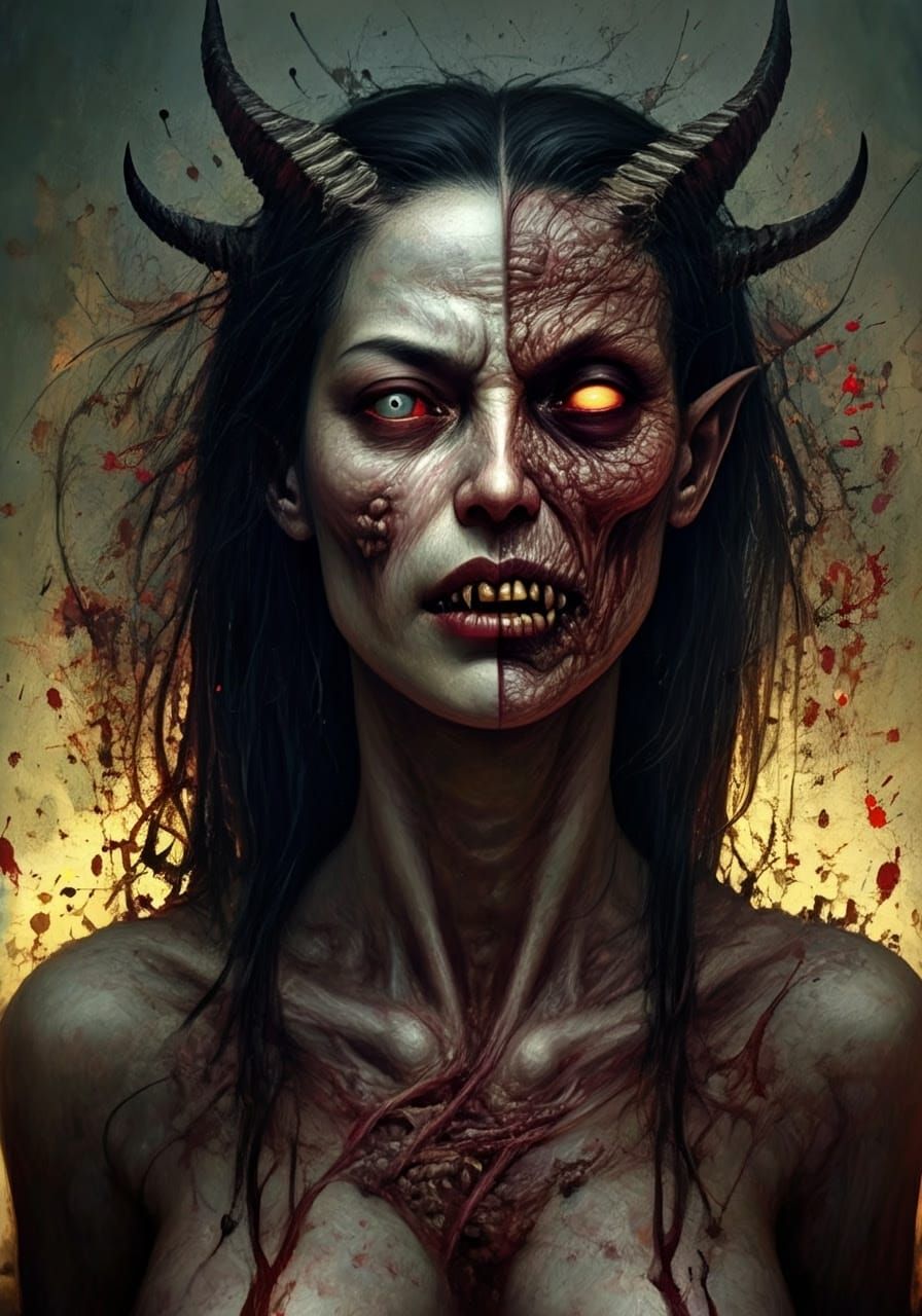 Grotesque Female Demon in a Dark, Twisted Oil Painting