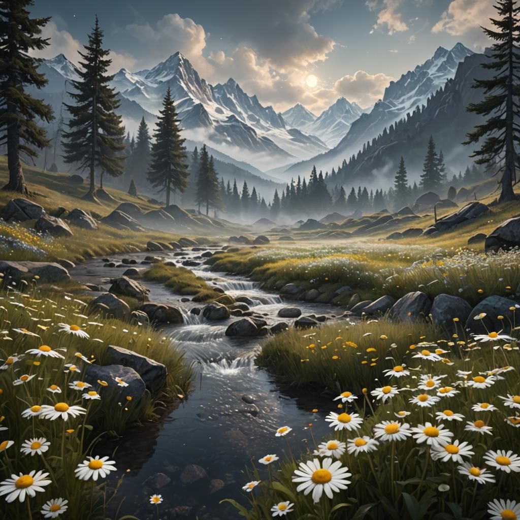 Chamomile Field and Misty Mountains, Detailed Matte Painting