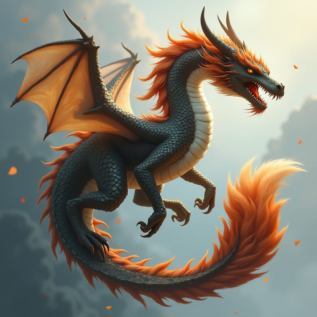 Serpentine Dragon with Copper Fox Tail Soars Through the Air