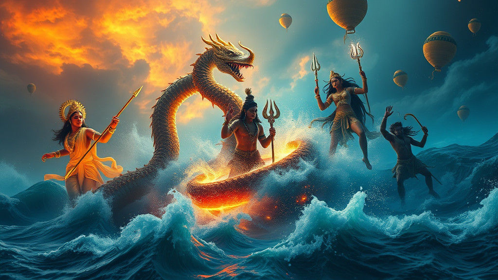 Gods and Demons Churning Ocean with Mount Mandara