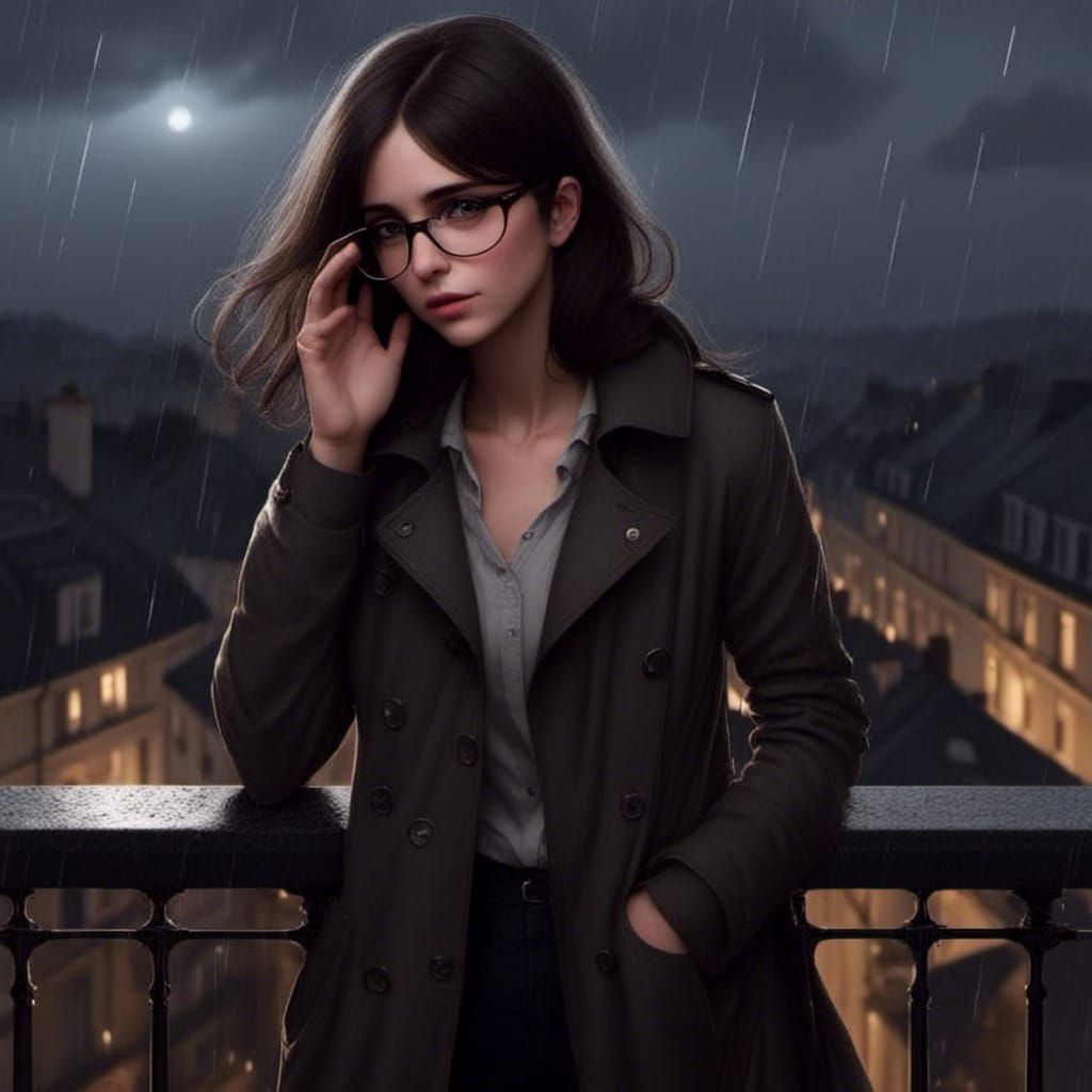 Woman on Rooftop During Storm with Lightning