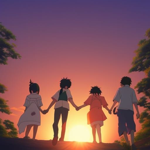 Friends Walking into Sunset: Studio Ghibli Anime