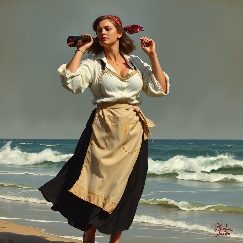 Voluptuous Woman Stands Unsteadily on Windswept Shore in a D...