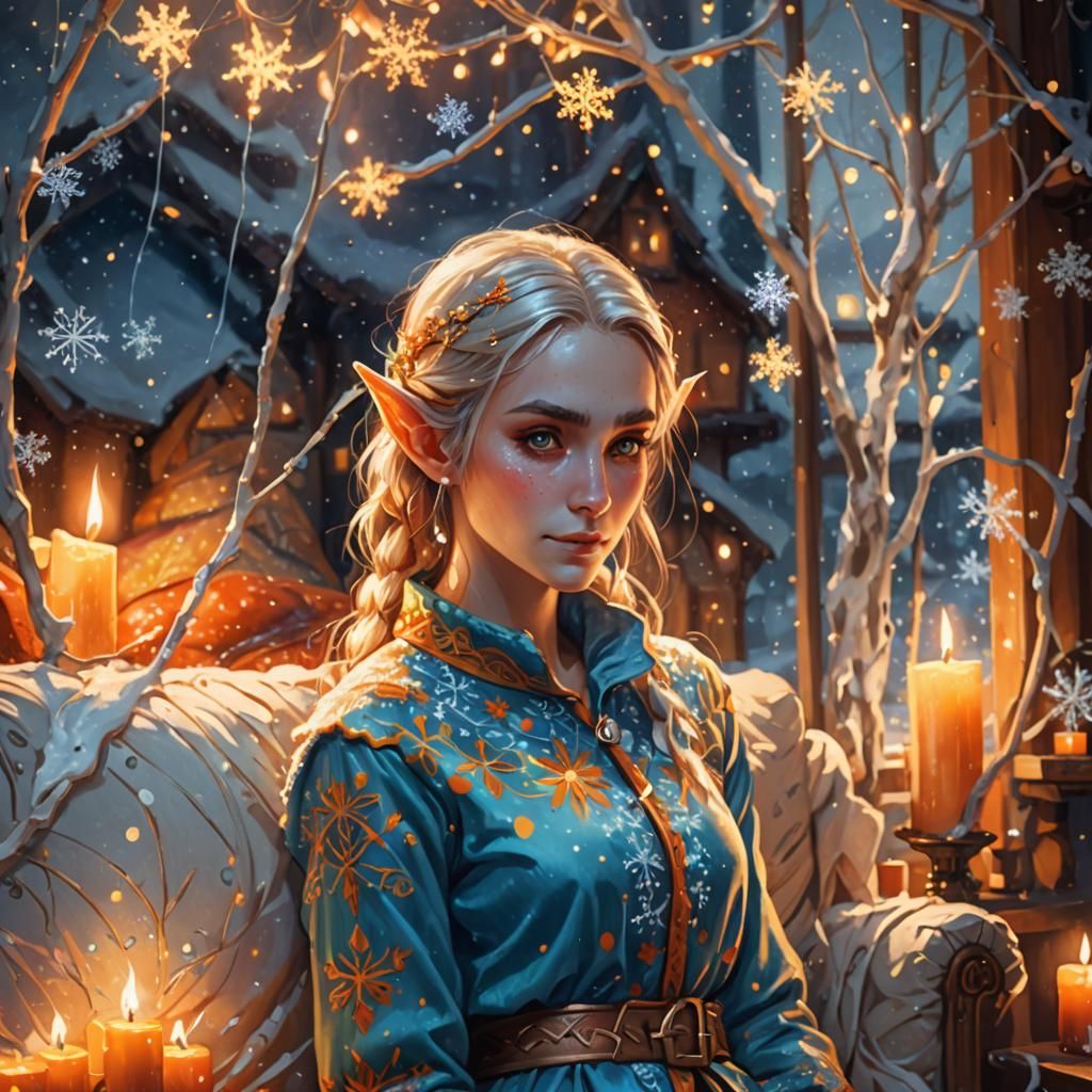 Enchanting Elf in Winter Pajamas: Fantasy Oil Painting