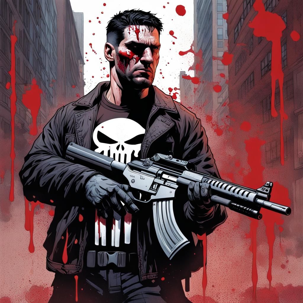 Punisher Covered in Blood: Hyperrealistic Splash Art