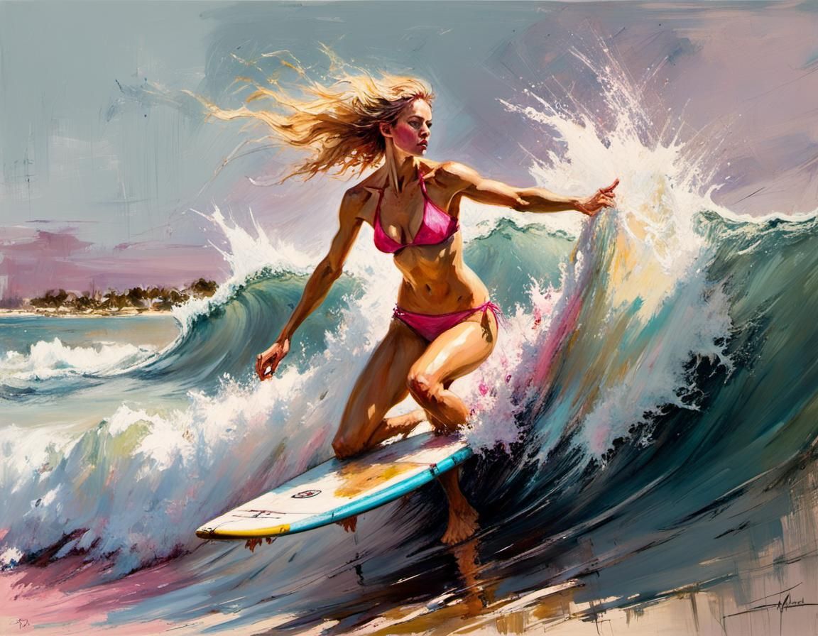 Surfer Girl Rides Wave in Dramatic Lighting