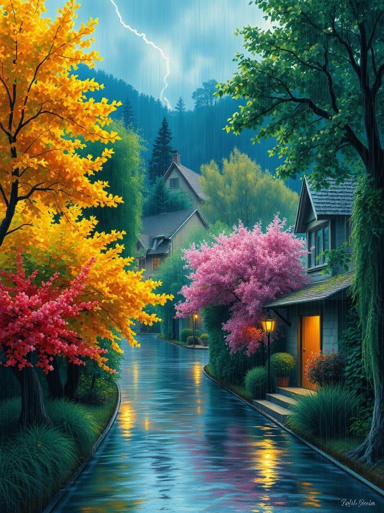 Rainy Village: Watercolor Painting with Art Nouveau Elements