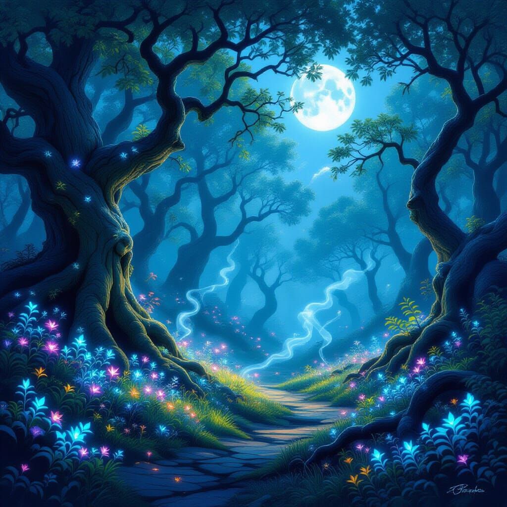 Enchanted Forest Clearing Bathed in Ethereal Moonlight
