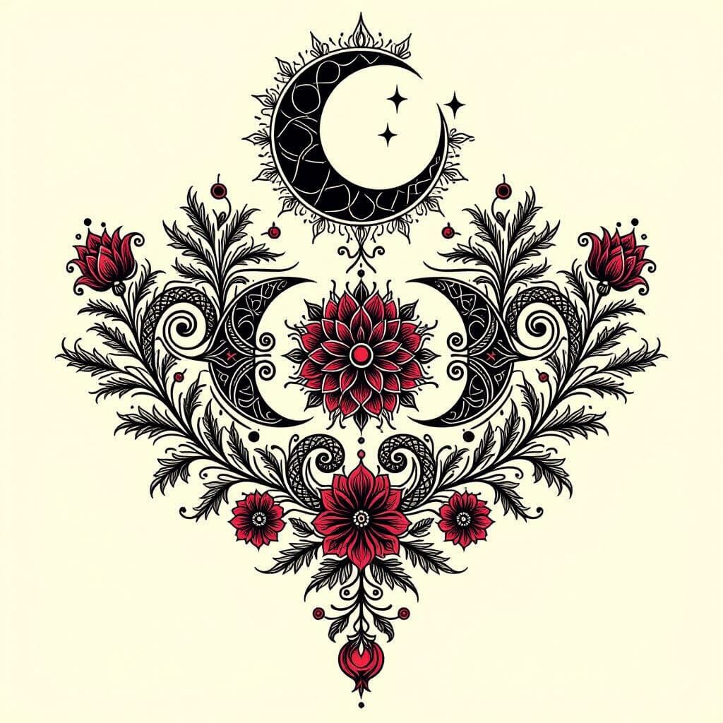 Mystical Triple Moon Tattoo Design with Serpent and Floral E...