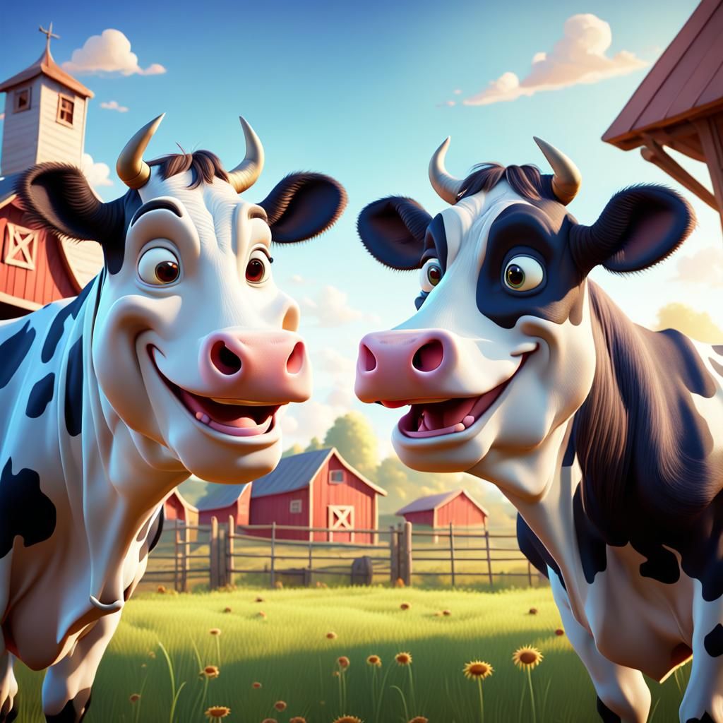 Two Happy Cows on a Farm as 3D Digital Art