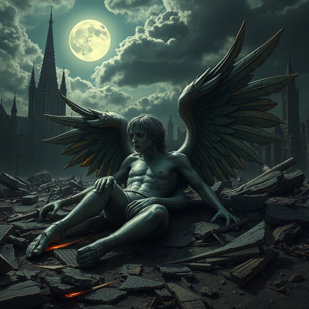 Shattered Angel Weeping in Ruined Landscape