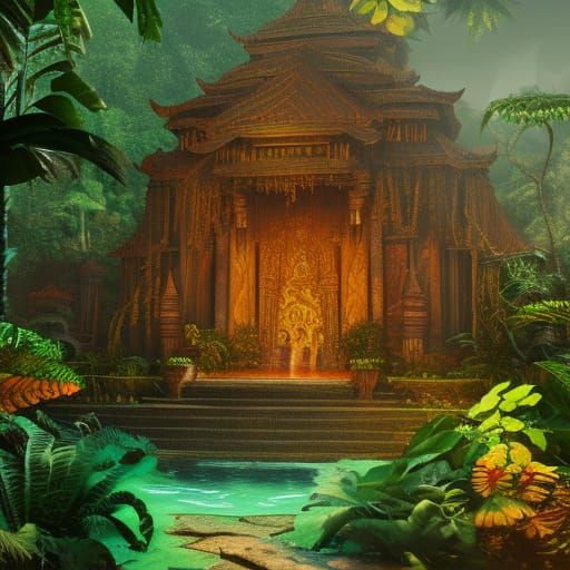 Lush Jungle Temple in Maximalist Digital Painting