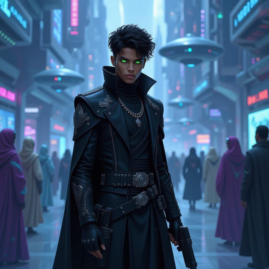Futuristic Spaceport Scene with Green-Eyed Youth