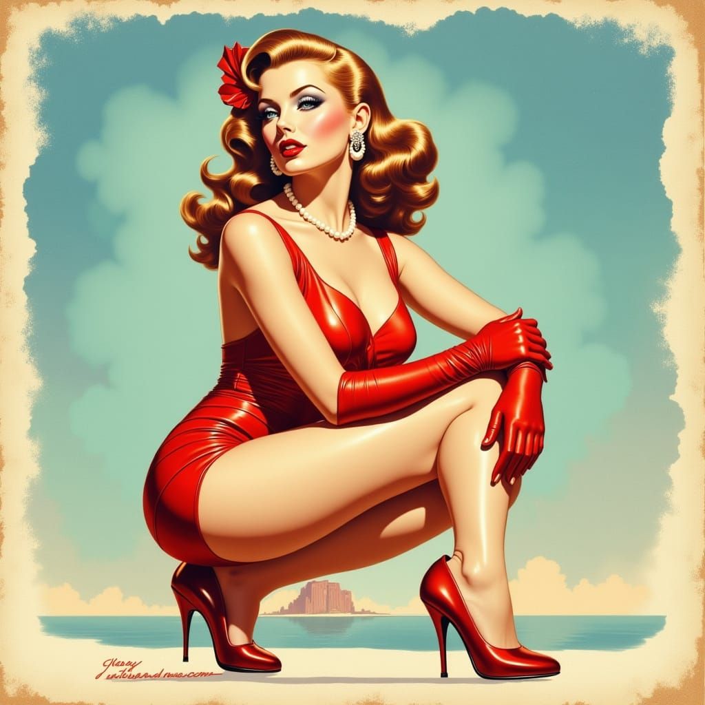 Vintage Glamour Pin-up Girl in Red Swimsuit