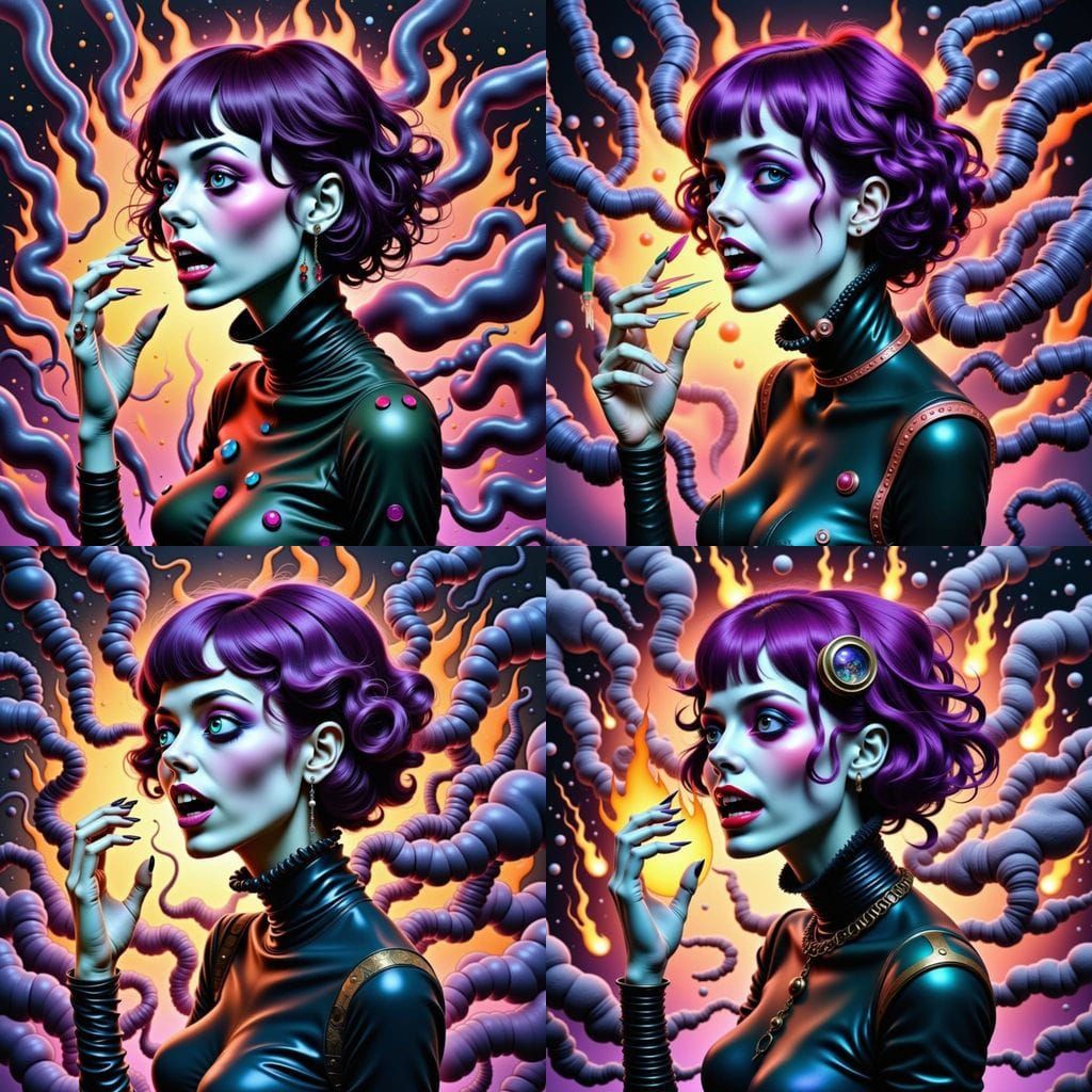 Steampunk Marionette Witch Breathing Fire in Cyberpunk Style