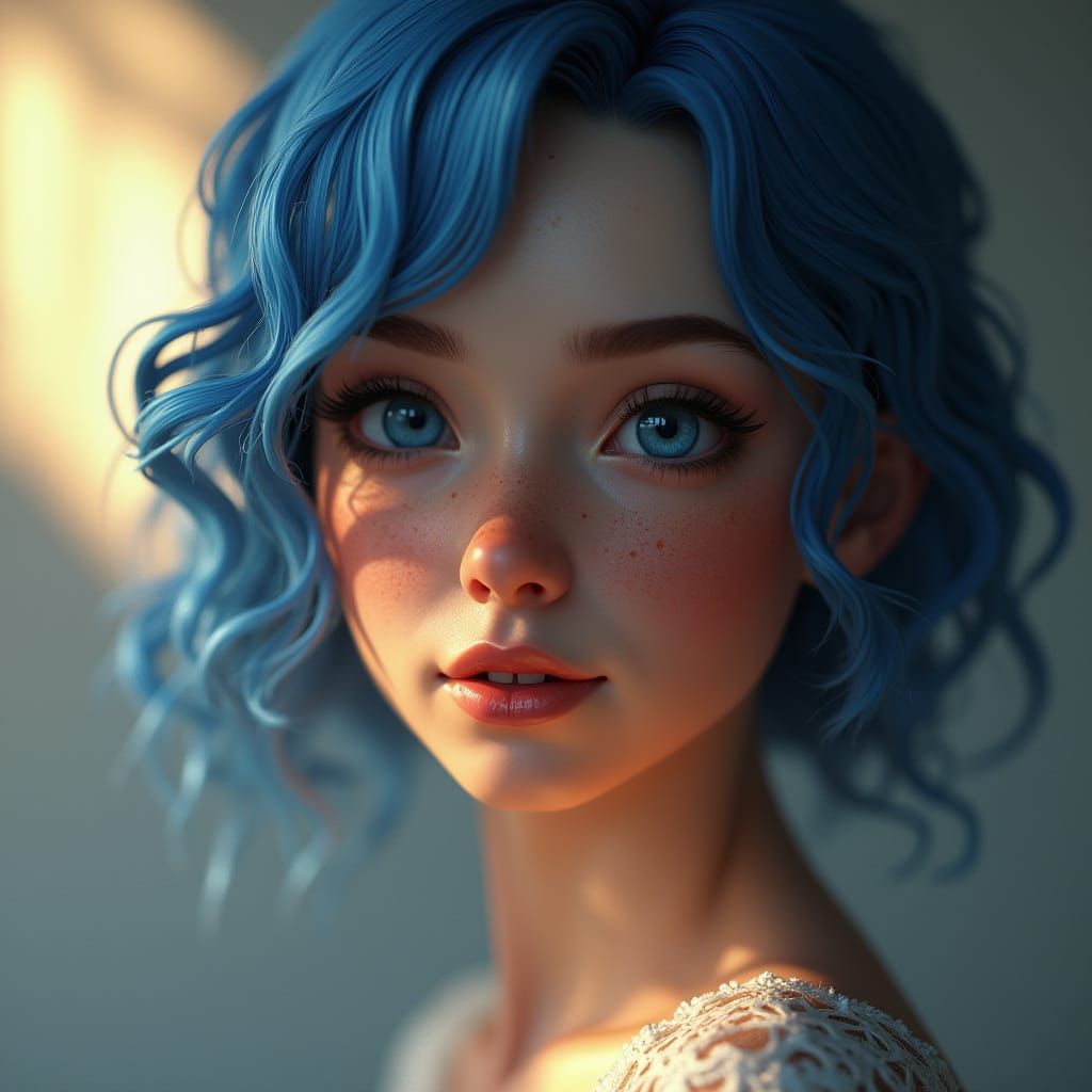 European Woman with Blue Hair and Freckles in Cinematic Ligh...