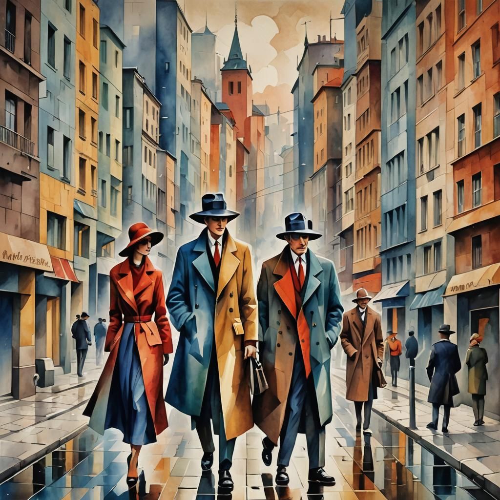 City Streets in Watercolor Cubism Style