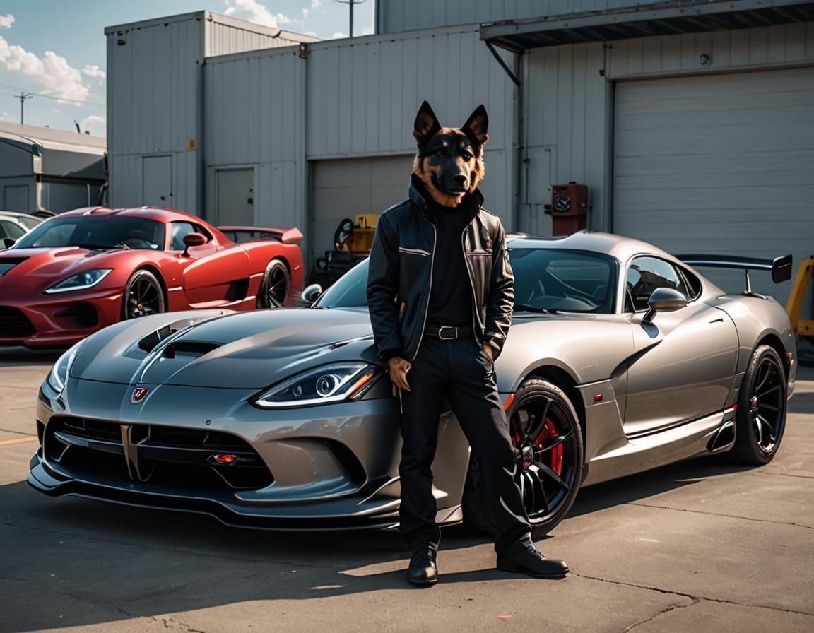 Anthro Canine Poses with 2025 Dodge Viper Concept Car