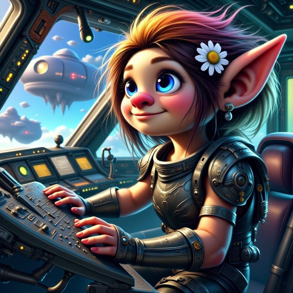 Whimsical Rainbow-Haired Troll in Futuristic Armor