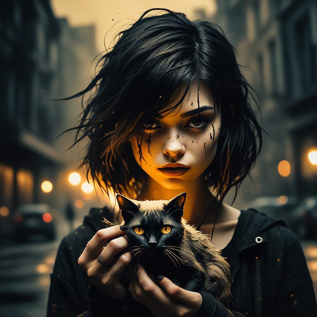 Emo Girl with Ink Demon in Expressionist Style