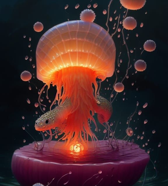 Surreal Garden with Jellyfish and Dragonfruit Turtle