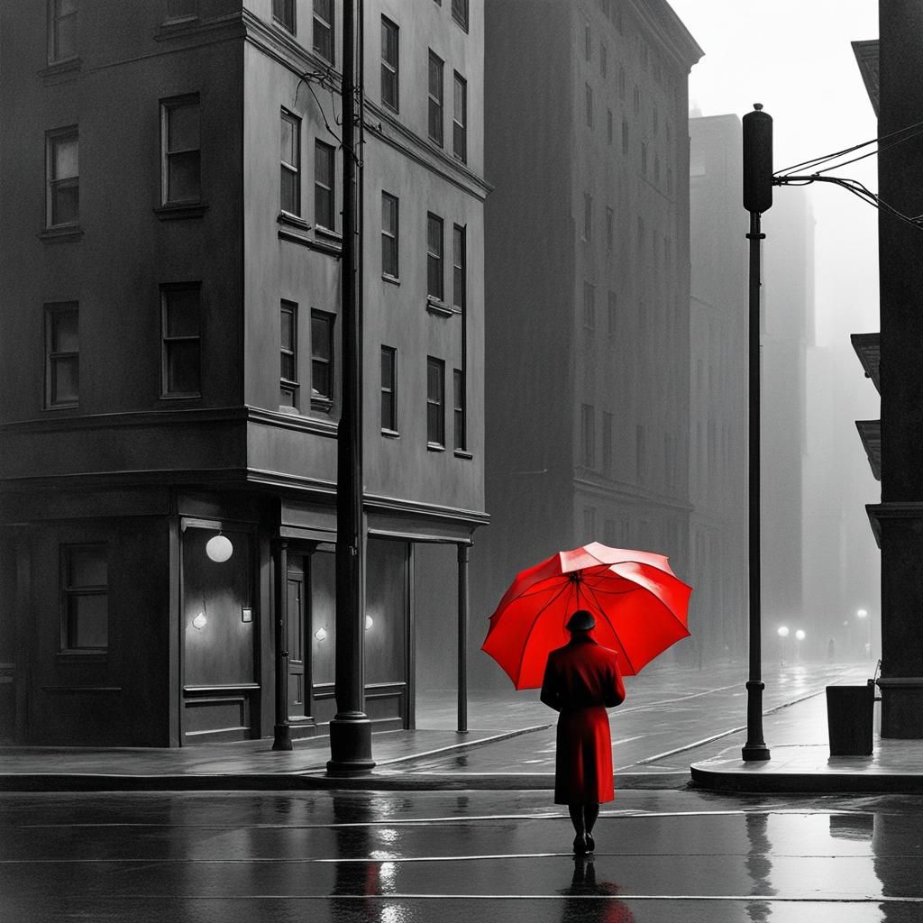 16k resolution, art by Edward Hopper, Ansel Adams. Lonely figure under a vibrant red umbrella, grayscale cityscape, rain...