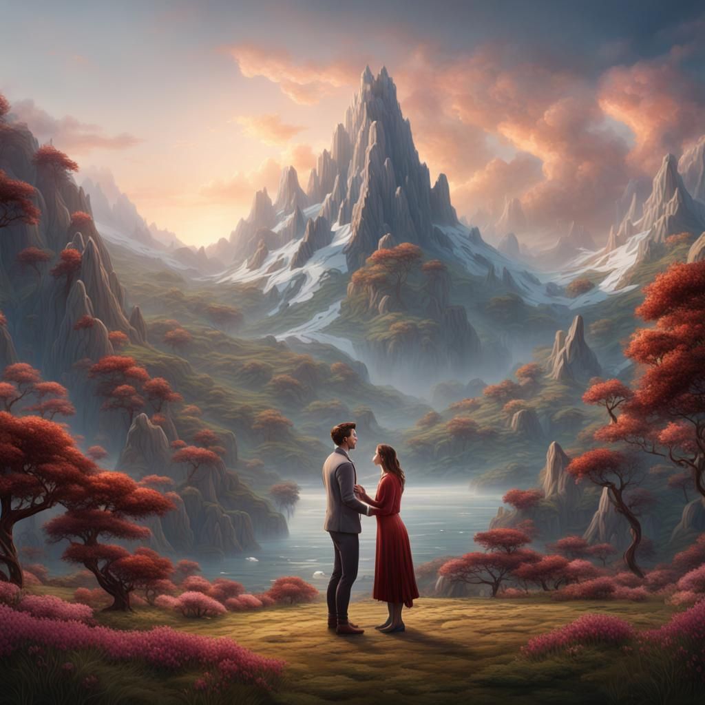 Romantic Mountain Proposal in Detailed Matte Painting
