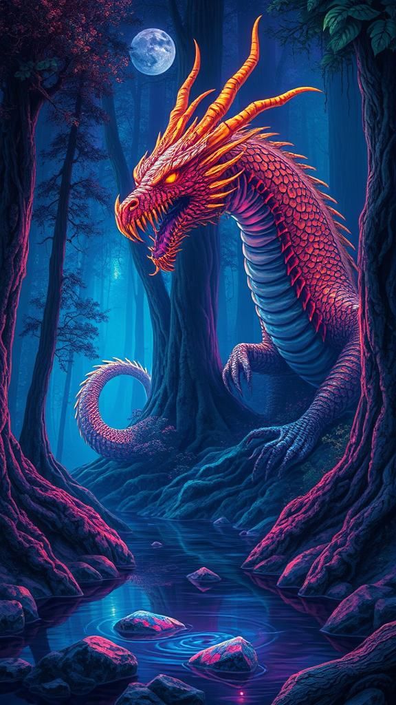 Psychedelic dragon lurking in deep dark forest with trees an...