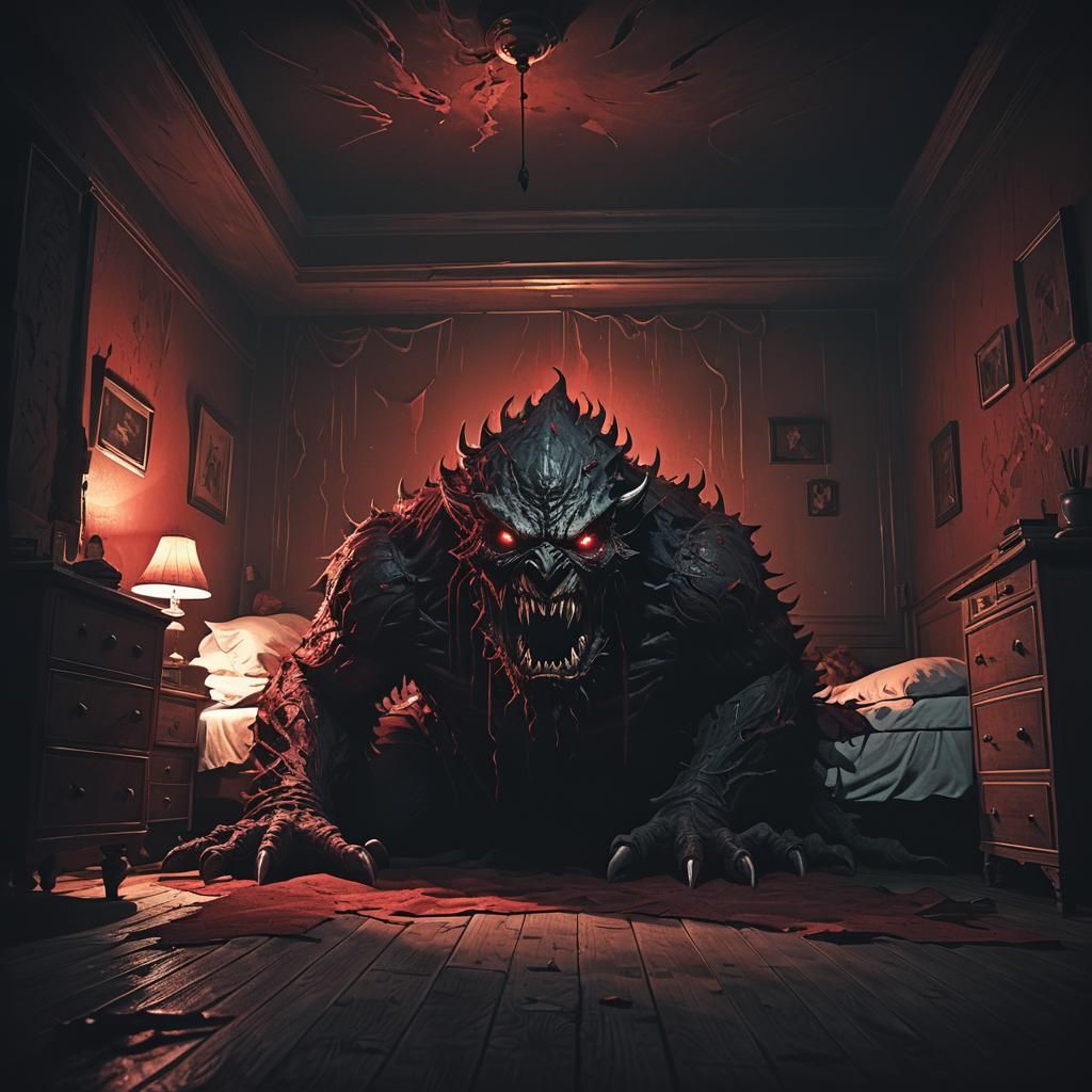 Ominous Monster Hiding Under Bed: Dark Fantasy Art