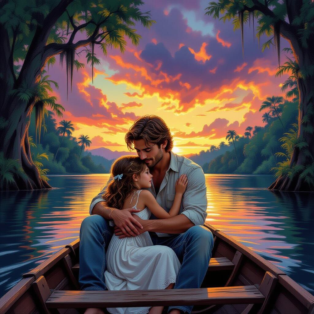 Father and Daughter in Jungle Lake Sunset