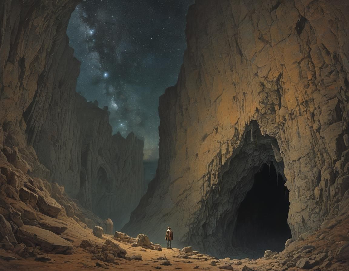 Immense Cave Explorer Under Starry Sky