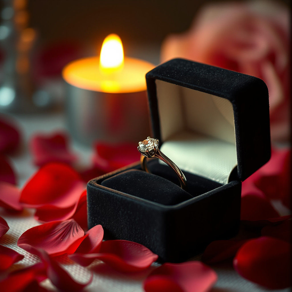 Diamond Ring in Velvet Box with Rose Petals