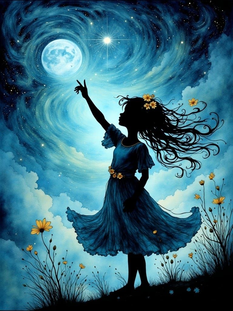 Whimsical Art Nouveau Girl Reaches for the Stars