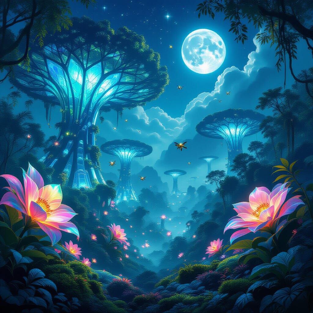 Bioluminescent Alien Jungle with Crystalline Trees