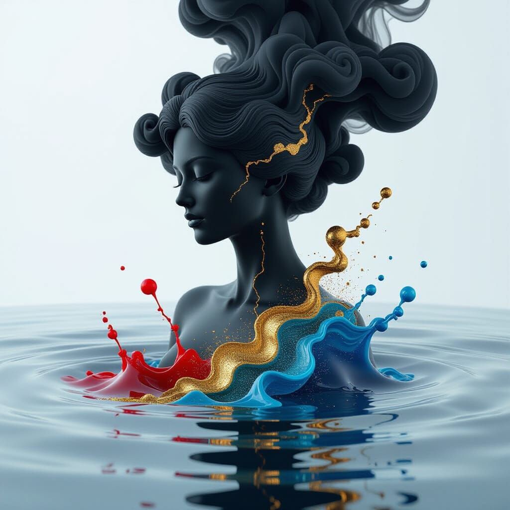 Golden Ink Dissolving into Cosmic Water Silhouette