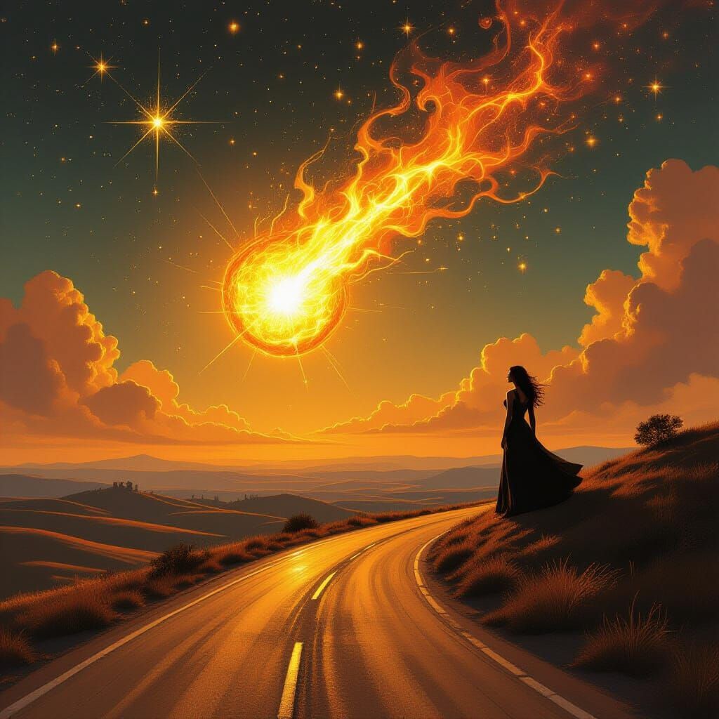 Mystical Woman Gazes Over Fiery Explosion on Golden Road