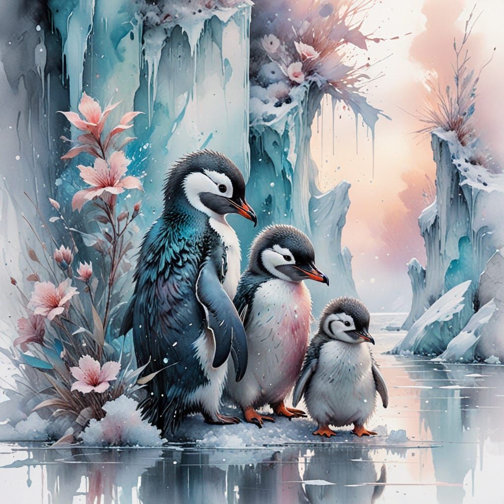 Penguin Chicks on Frosty Shore in Digital Watercolor