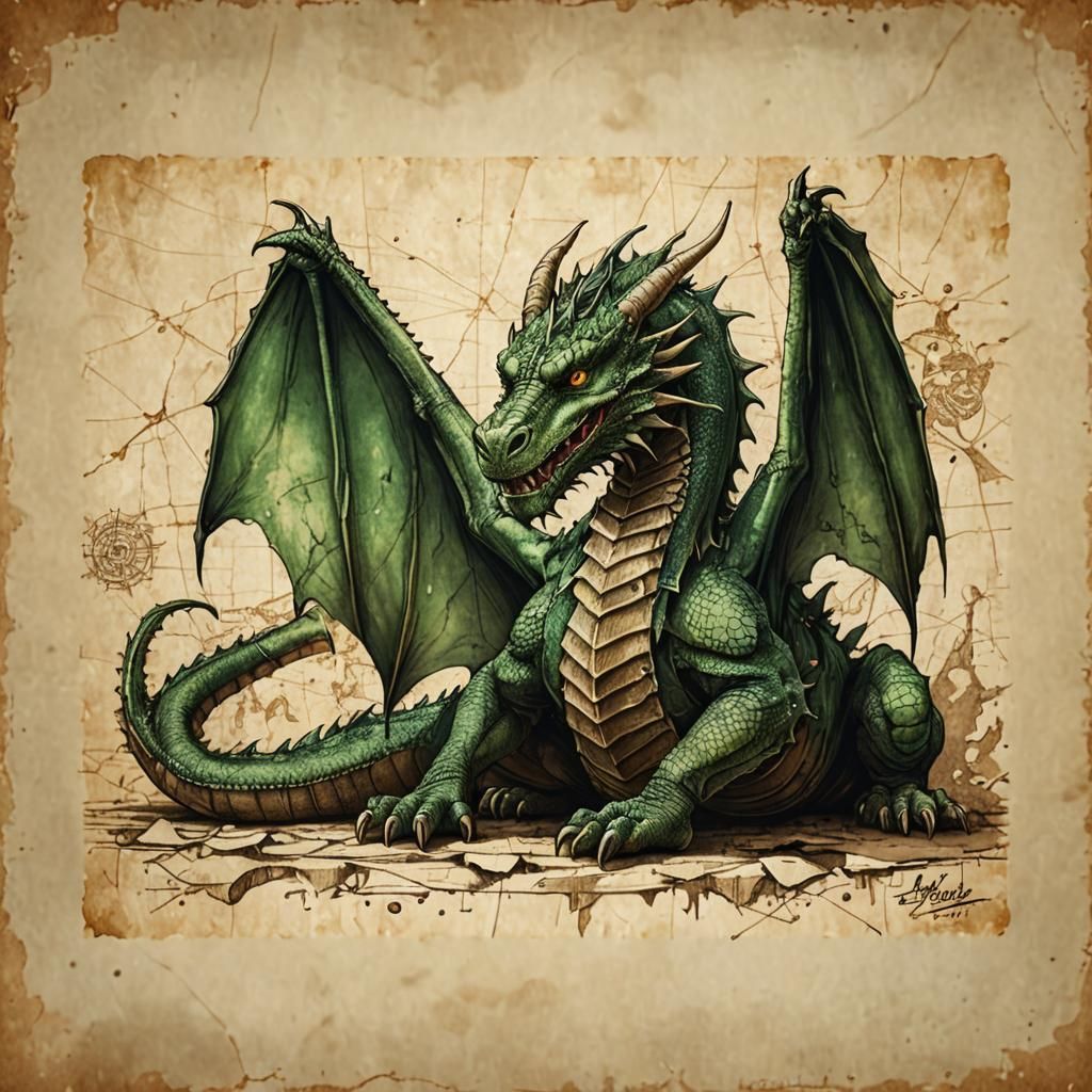 Green Dragon Technical Drawing in Da Vinci Style