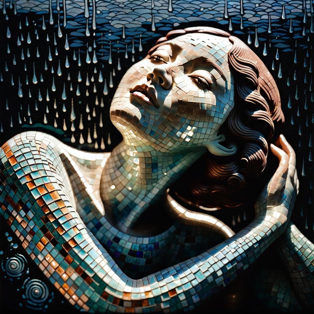 Ukiyo-e Woman in Rain with Art Deco Mosaic