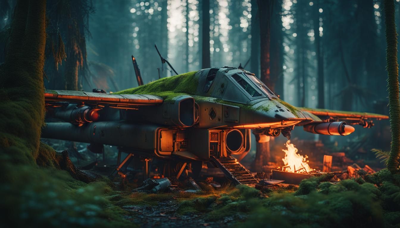 Wrecked Plane in Cyberpunk Forest Campsite