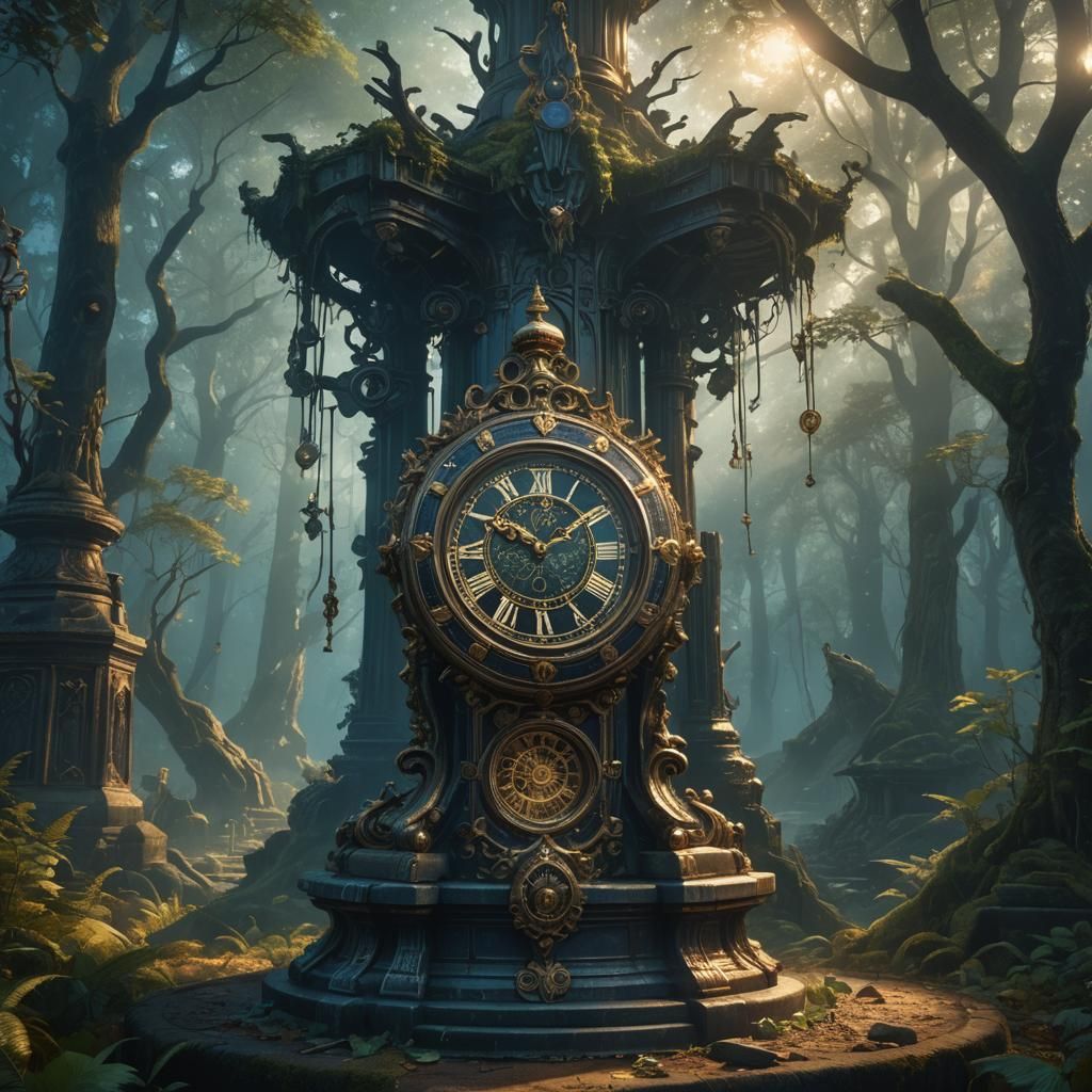 Mystical Forest Clock on Pedestal Concept Art