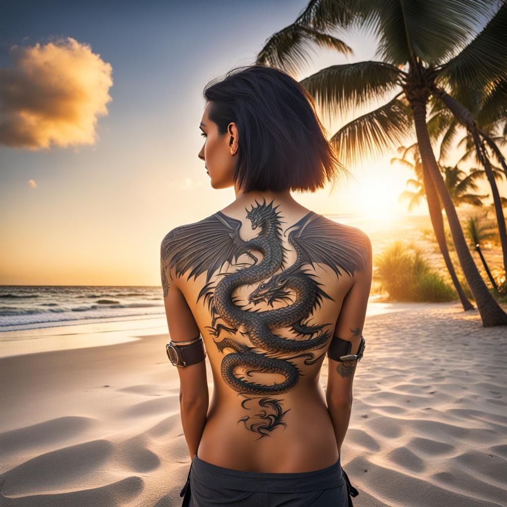 Brunette with Dragon Tattoo on Tropical Beach