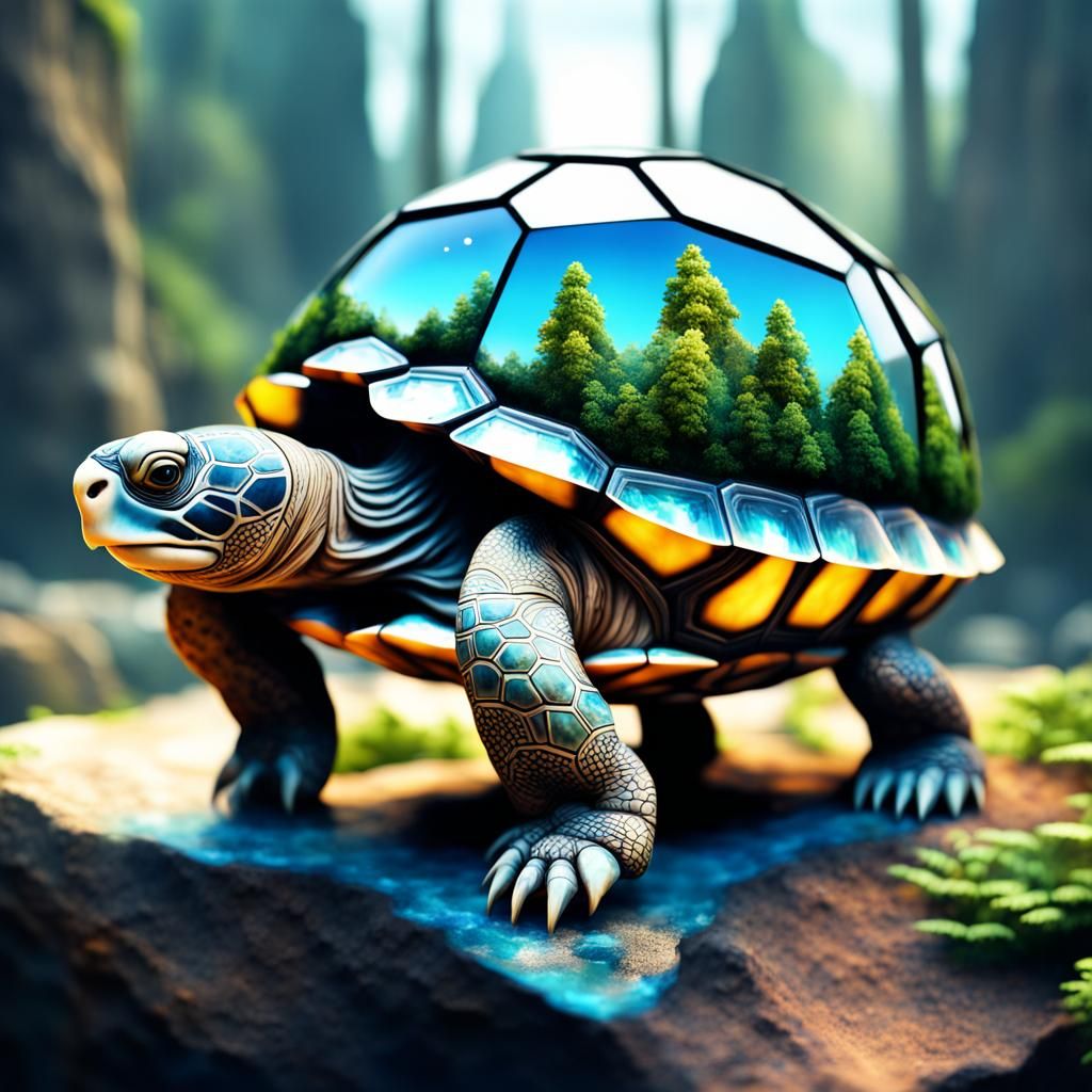 double exposure of city tortoise with crystal shell where the forest is inside the crystal dome shaped shell of the turt...
