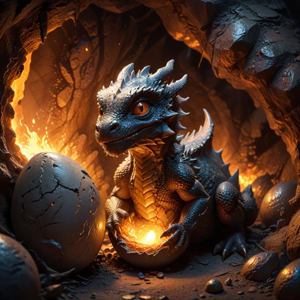 Baby Dragon Hatching: Hyperrealistic Oil Painting