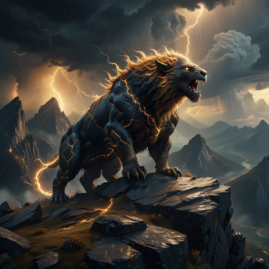 Divine Beast in Stormy Mountain Landscape