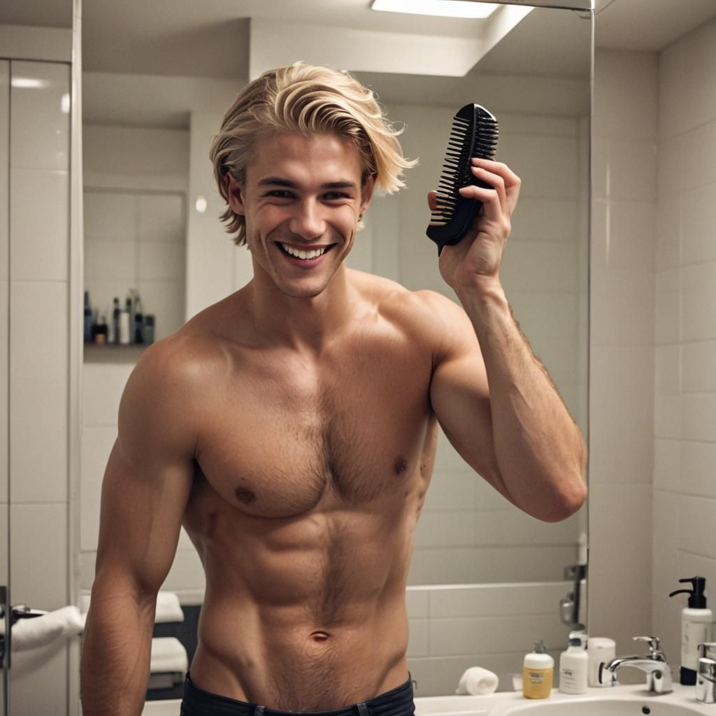 Handsome Blond Man Combing Hair in Mirror