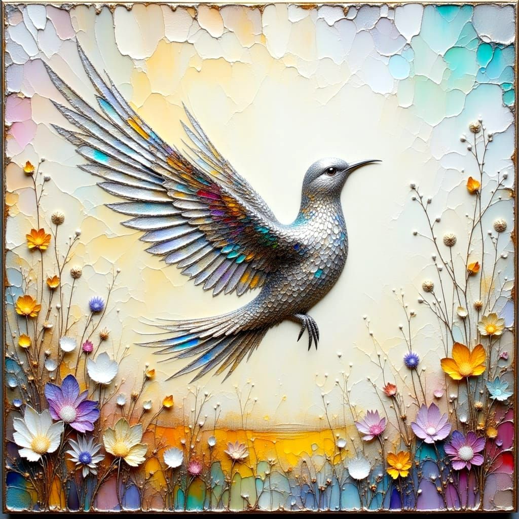 Silver Skybird in Impasto Oil Painting Style