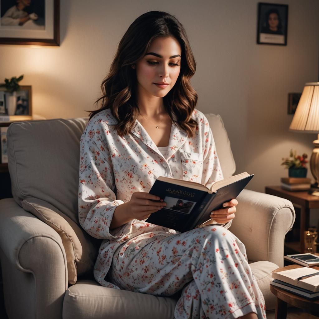 Girl Reading Book in Armchair at Bedtime