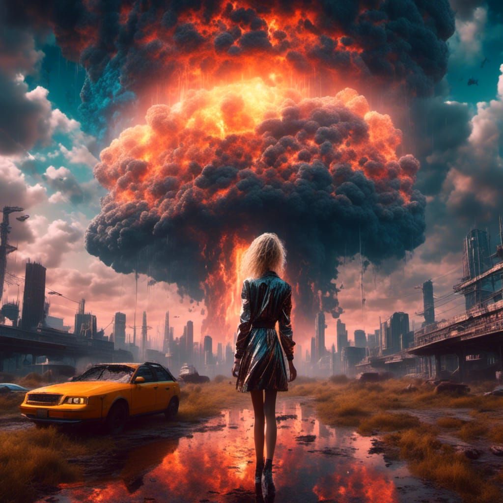 Cyberpunk Blonde Observes Nuclear Cloud